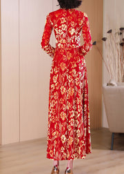 French Red Print Hollow Out Wrinkled Silk Velvet Long Dresses Fall