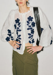 French Red Ruffled Lace Embroidered Cotton Shirt Top Fall