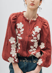 French Red Ruffled Lace Embroidered Cotton Shirt Top Fall