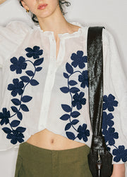 French Red Ruffled Lace Embroidered Cotton Shirt Top Fall
