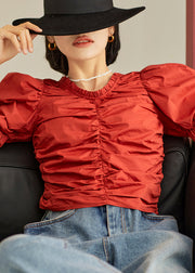 French Red Ruffled Puff Sleeve Cotton Short Shirt Top