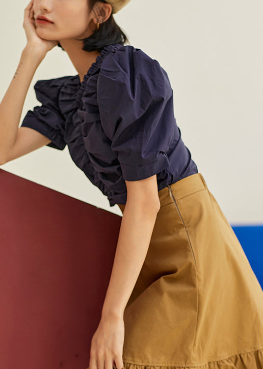 French Red Ruffled Puff Sleeve Cotton Short Shirt Top