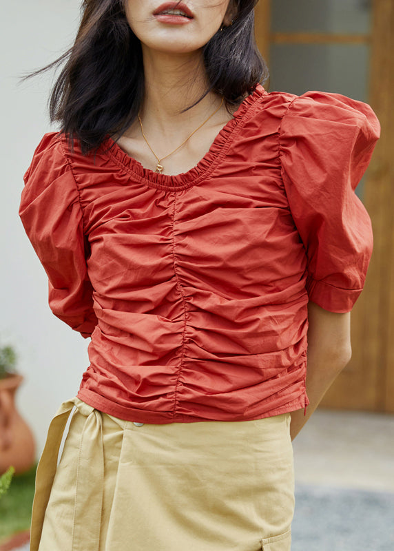 French Red Ruffled Puff Sleeve Cotton Short Shirt Top
