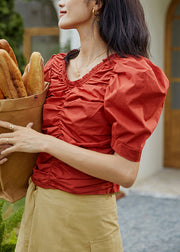 French Red Ruffled Puff Sleeve Cotton Short Shirt Top
