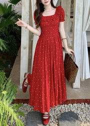 French Red Square Collar Ruffled Dot Print Cotton Dresses Summer