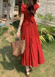 French Red Square Collar Ruffled Dot Print Cotton Dresses Summer
