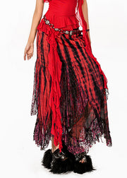 French Red Tie Dye Asymmetrical Patchwork A Line Skirts