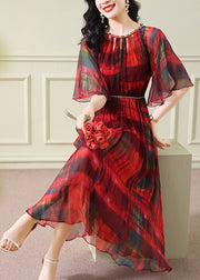 French Red Tunic Print Wrinkled Silk Dinner Dress Summer