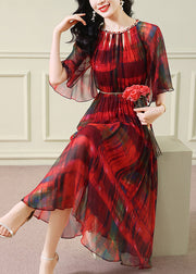 French Red Tunic Print Wrinkled Silk Dinner Dress Summer