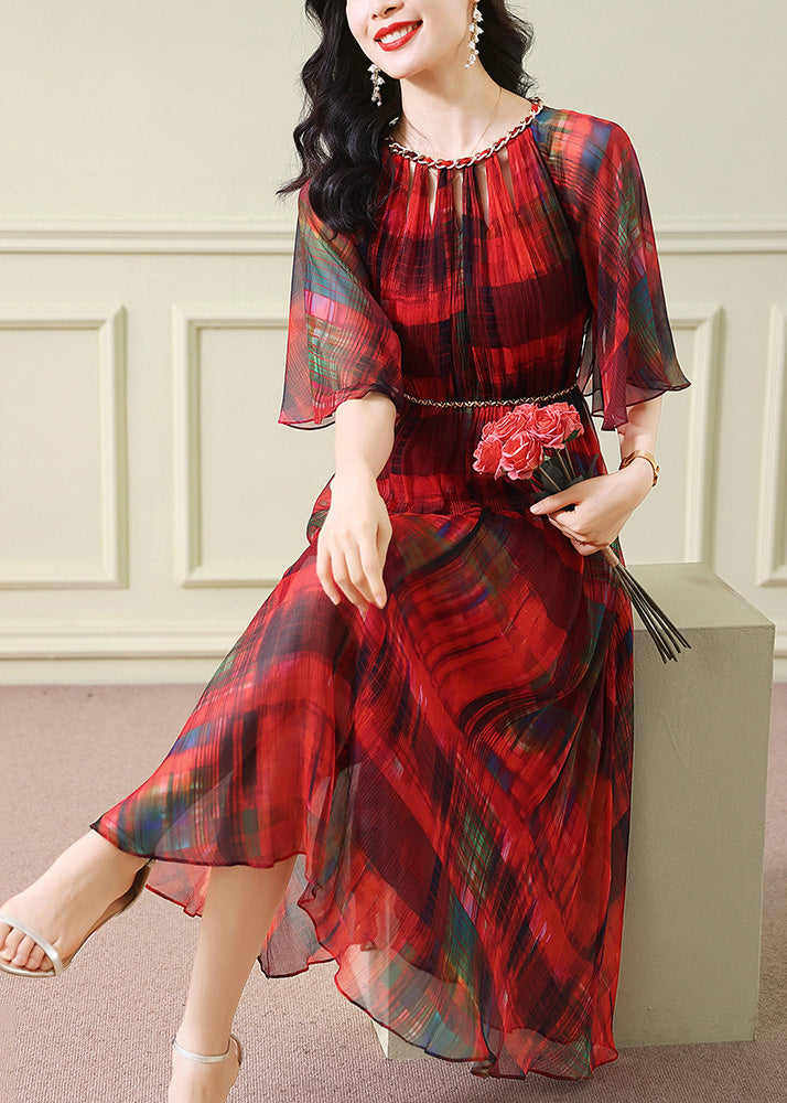 French Red Tunic Print Wrinkled Silk Dinner Dress Summer