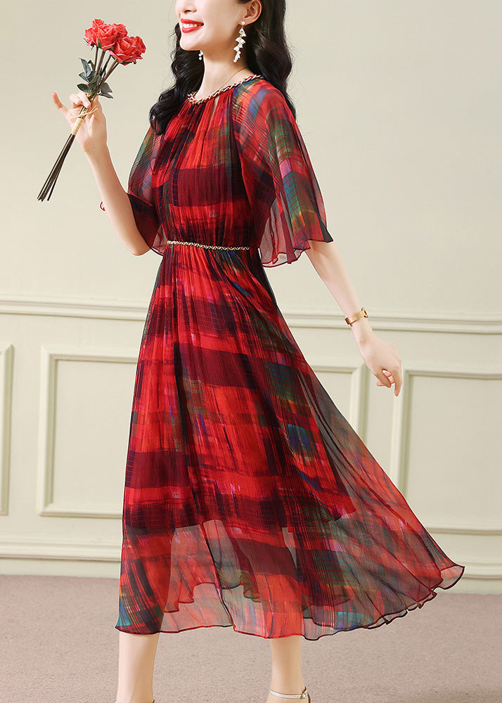 French Red Tunic Print Wrinkled Silk Dinner Dress Summer