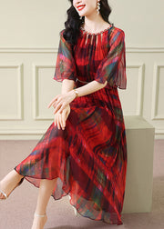 French Red Tunic Print Wrinkled Silk Dinner Dress Summer