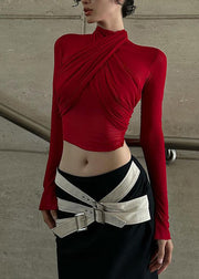 French Red Turtleneck Sheer Tulle Top Spring