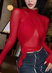 French Red Turtleneck Sheer Tulle Top Spring