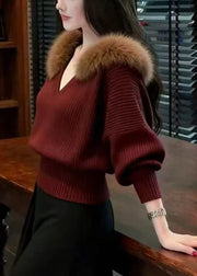 French Red V Neck Fur Collar Warm Knit Shirts Winter