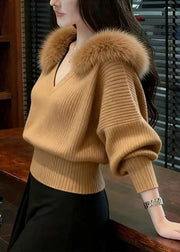 French Red V Neck Fur Collar Warm Knit Shirts Winter