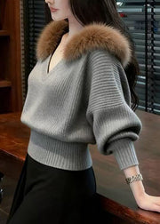 French Red V Neck Fur Collar Warm Knit Shirts Winter