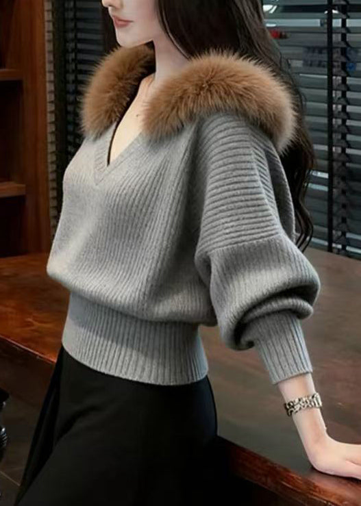 French Red V Neck Fur Collar Warm Knit Shirts Winter