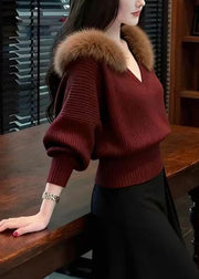 French Red V Neck Fur Collar Warm Knit Shirts Winter