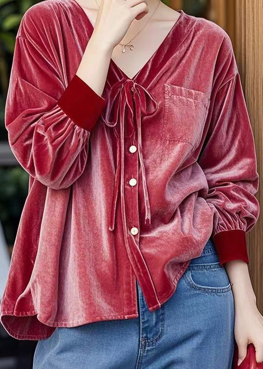 French Red V Neck Lace Up Button Velour Shirt Top Spring