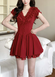 French Red V Neck Ruffled Patchwork Cotton Mid Dresses Summer