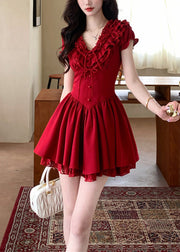 French Red V Neck Ruffled Patchwork Cotton Mid Dresses Summer