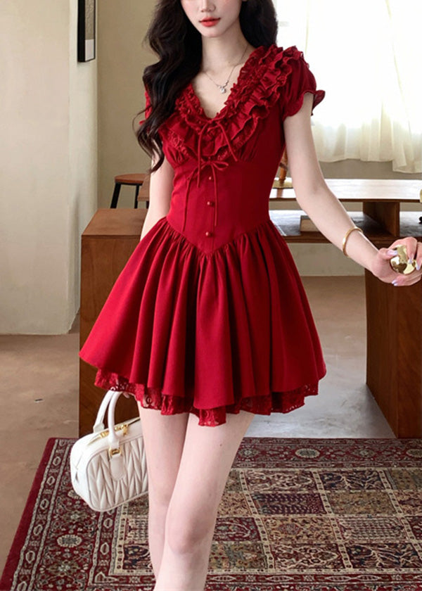 French Red V Neck Ruffled Patchwork Cotton Mid Dresses Summer
