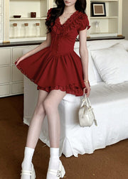 French Red V Neck Ruffled Patchwork Cotton Mid Dresses Summer