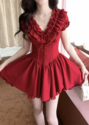 French Red V Neck Ruffled Patchwork Cotton Mid Dresses Summer