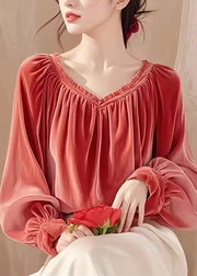 French Red V Neck Wrinkled Silk Velour Top Lantern Sleeve