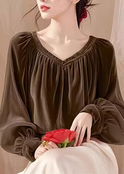 French Red V Neck Wrinkled Silk Velour Top Lantern Sleeve
