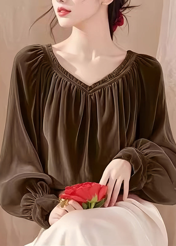 French Red V Neck Wrinkled Silk Velour Top Lantern Sleeve