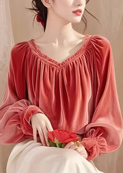 French Red V Neck Wrinkled Silk Velour Top Lantern Sleeve