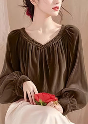French Red V Neck Wrinkled Silk Velour Top Lantern Sleeve