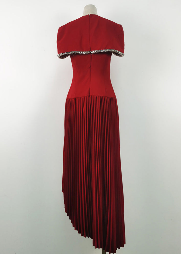 French Red Zircon Pearl Wrinkled Silk Maxi Dresses Summer