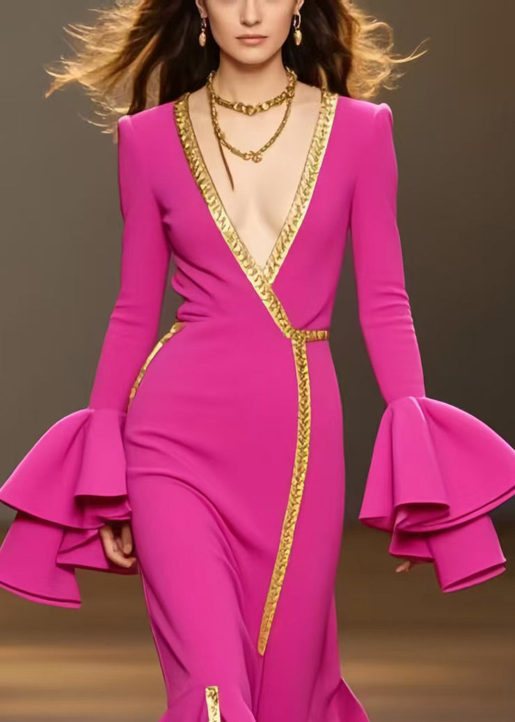 French Rose Asymmetrical Chiffon Party Dress Flare Sleeve