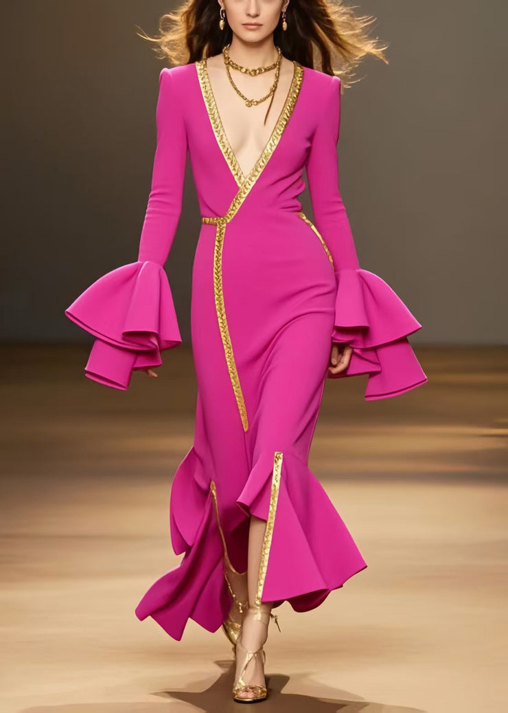 French Rose Asymmetrical Chiffon Party Dress Flare Sleeve