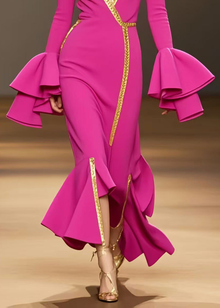 French Rose Asymmetrical Chiffon Party Dress Flare Sleeve