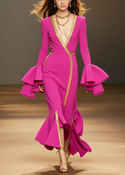 French Rose Asymmetrical Chiffon Party Dress Flare Sleeve