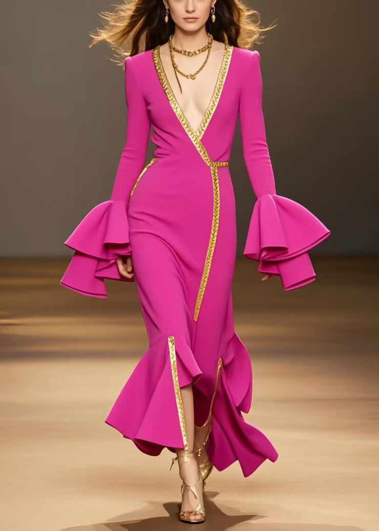 French Rose Asymmetrical Chiffon Party Dress Flare Sleeve