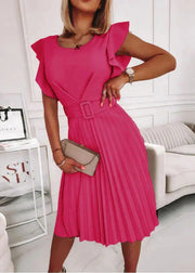 French Rose O Neck Wrinkled Cotton Dress Butterfly Sleeve