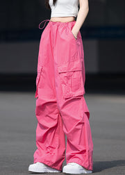 French Rose Pockets Patchwork Drawstring Cotton Pants Fall