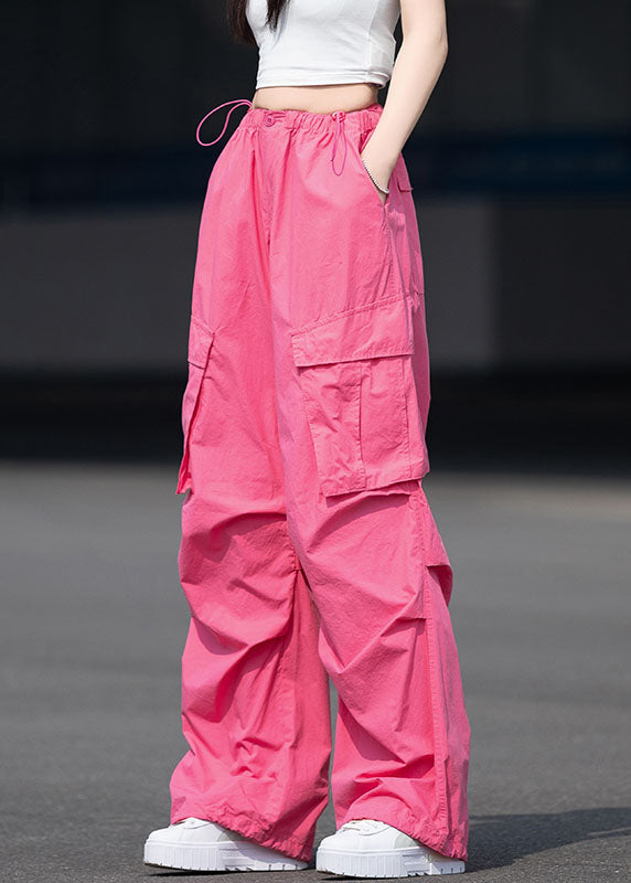 French Rose Pockets Patchwork Drawstring Cotton Pants Fall