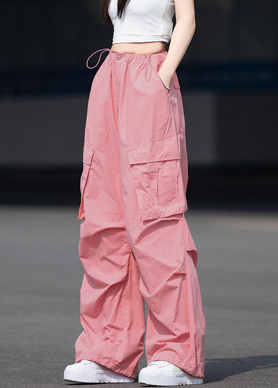 French Rose Pockets Patchwork Drawstring Cotton Pants Fall
