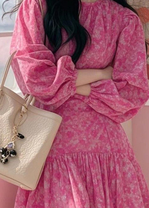 French Rose Ruffled Asymmetrical Design Print Chiffon Dress Fall