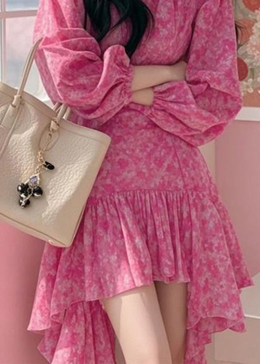 French Rose Ruffled Asymmetrical Design Print Chiffon Dress Fall