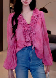French Rose V Neck Ruffled Patchwork Chiffon Shirts Fall
