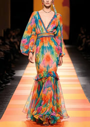 French Ruffled Print Chiffon Vestidos Dresses Lantern Sleeve
