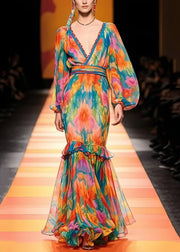 French Ruffled Print Chiffon Vestidos Dresses Lantern Sleeve
