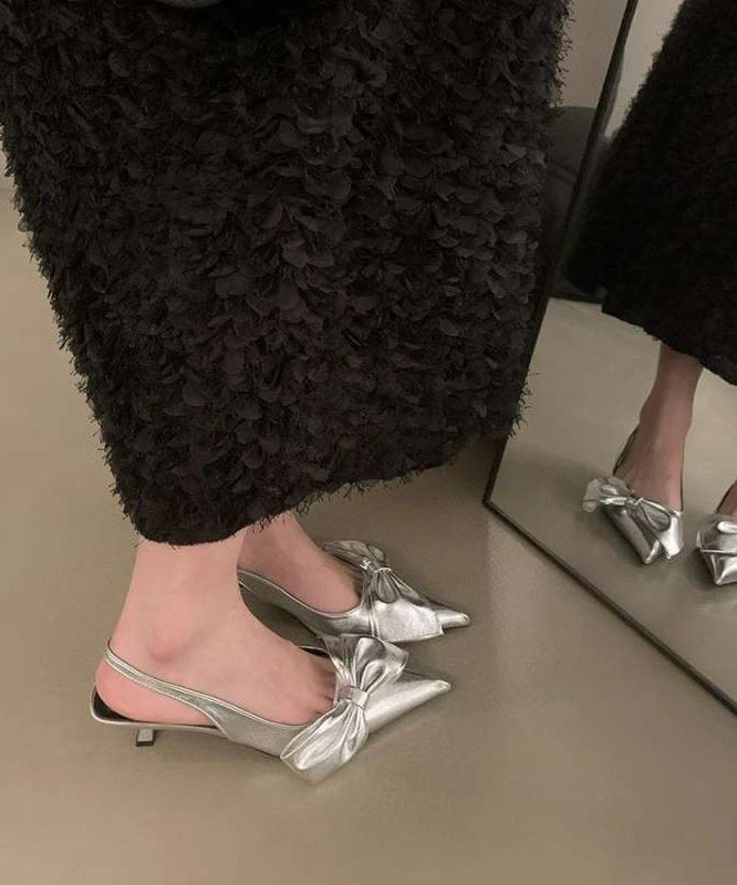 French Silver Bow Faux Leather Sandals Pointed Toe
